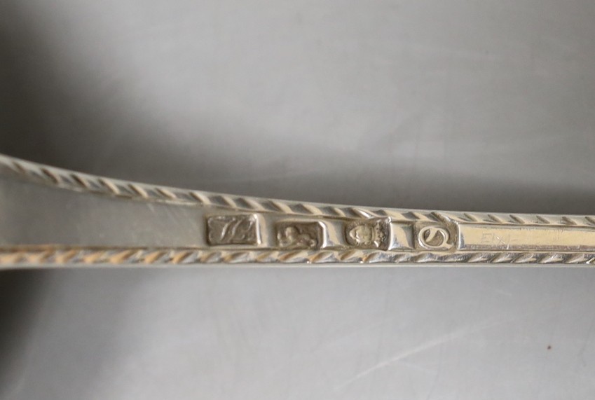 A George III silver Old English pattern feather edge soup ladle, John Lampfert, London, 1771, 32.2cm, 126 grams.